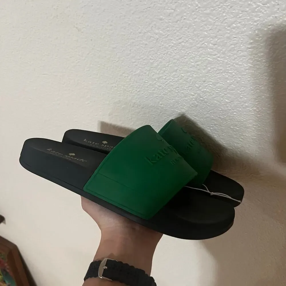 Kate Spade New York Sunny Slide Sandals in Emerald green and black NEW 9